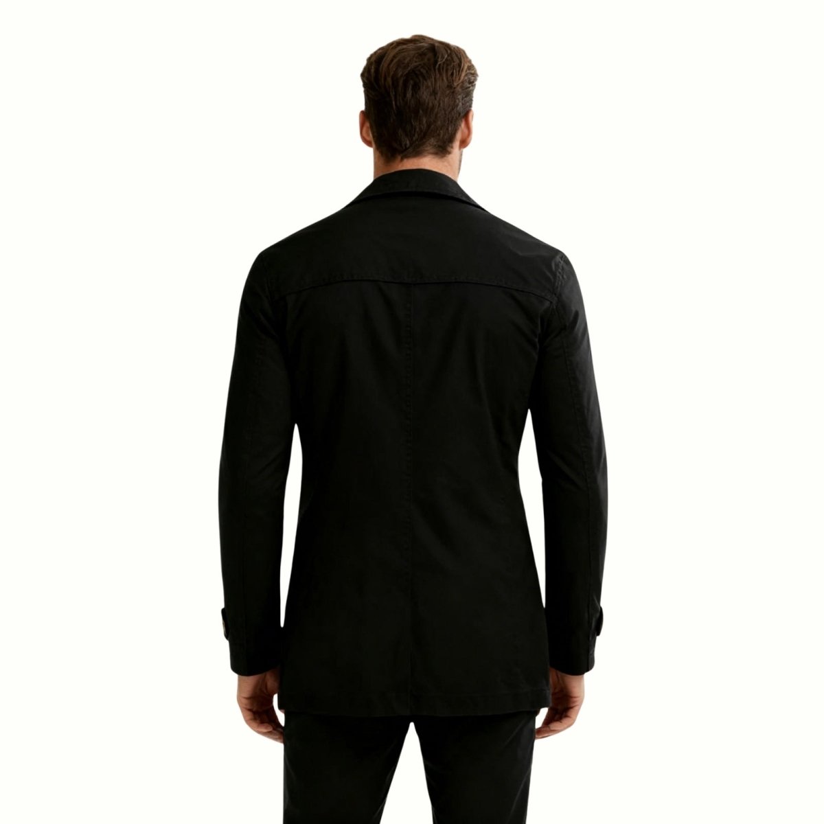 Back view of the Kouvr Fashion men's black pea coat showcasing its tailored silhouette and sleeve cuff 