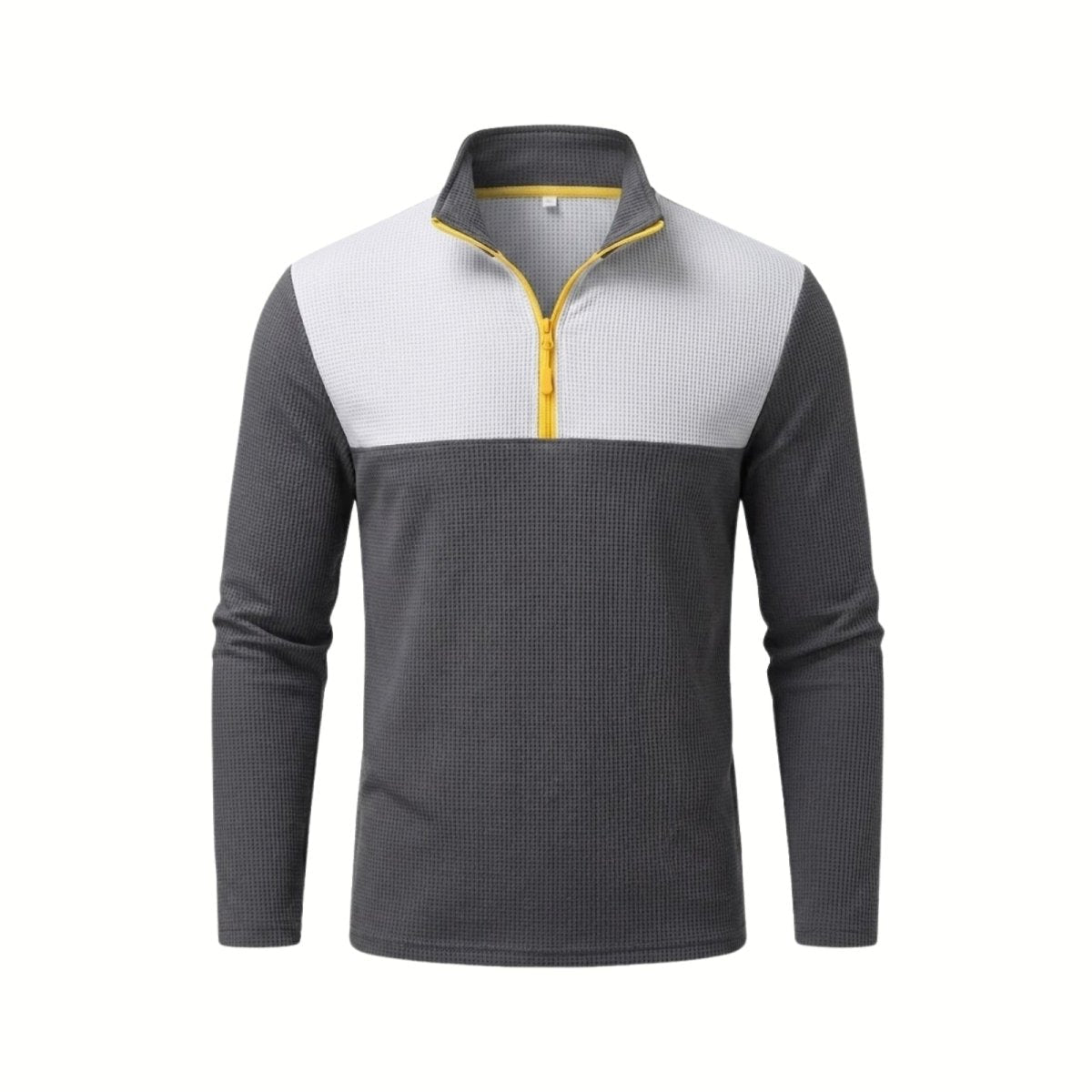 Product image of the Kouvr Fashion Men's Waffle Knit Quarter-Zip Pullover with yellow zipper detail.