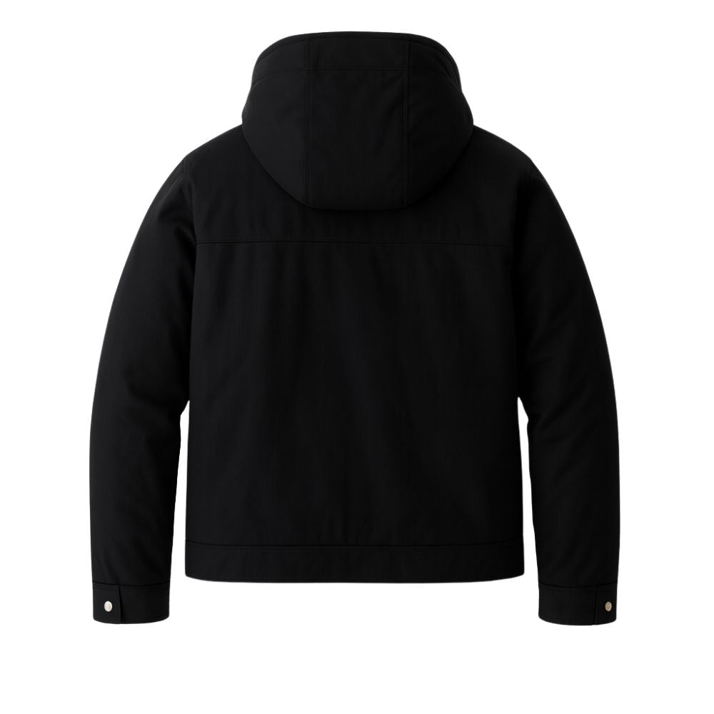 Model wearing the Kouvr Fashion Men's Urban Cade Parka in black, a luxury insulated and water-resistant winter coat