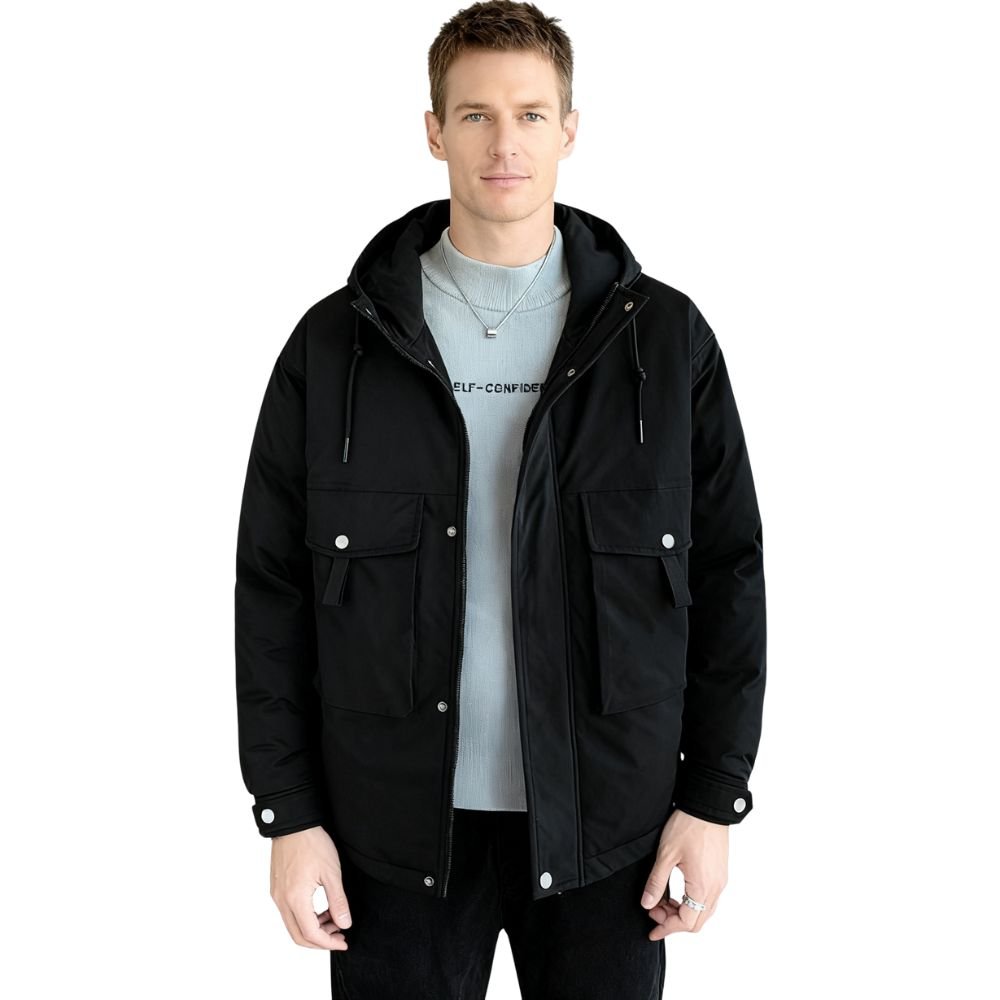 Model wearing the Kouvr Fashion Men's Urban Cade Parka in black, a luxury insulated and water-resistant winter coat