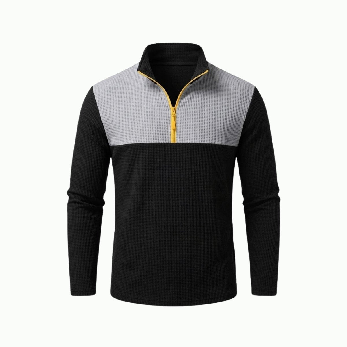 Product-only image of the Kouvr Fashion men's quarter-zip sweater in black and grey with a waffle knit texture and bright yellow zipper.