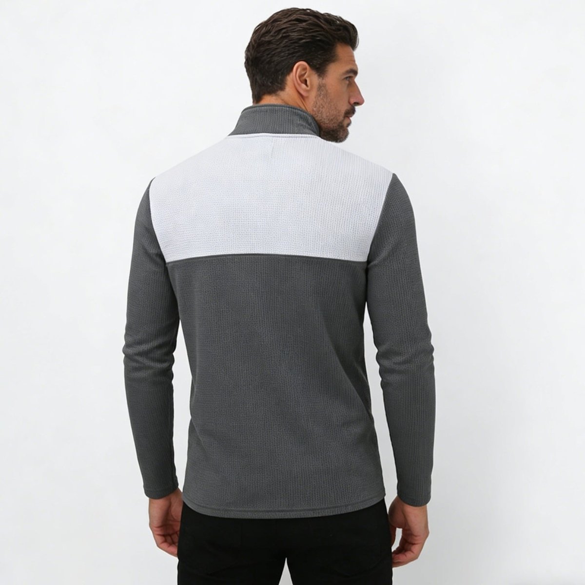 Back view of the Kouvr Fashion Men's Long Sleeve Waffle Knit Quarter-Zip showing the two-tone design.