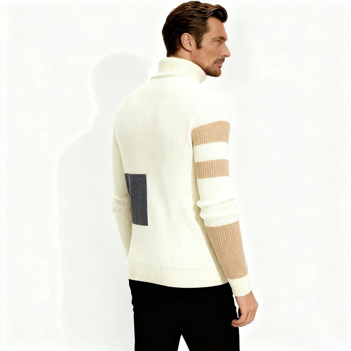 Back view of the Kouvr Fashion men's ribbed knit turtleneck showcasing the slate grey geometric block and tan stripes on the arm.