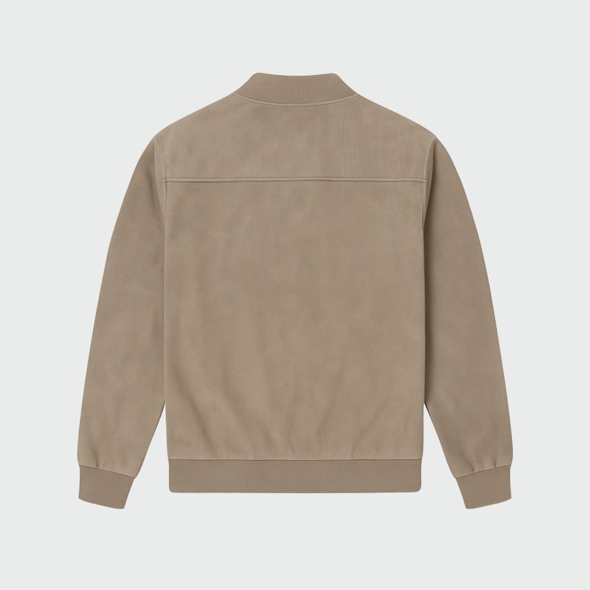 Flat lay product shot of the back of the Kouvr Fashion Michael Suede Bomber Jacket, detailing the distinct ribbed texture across the main panel.