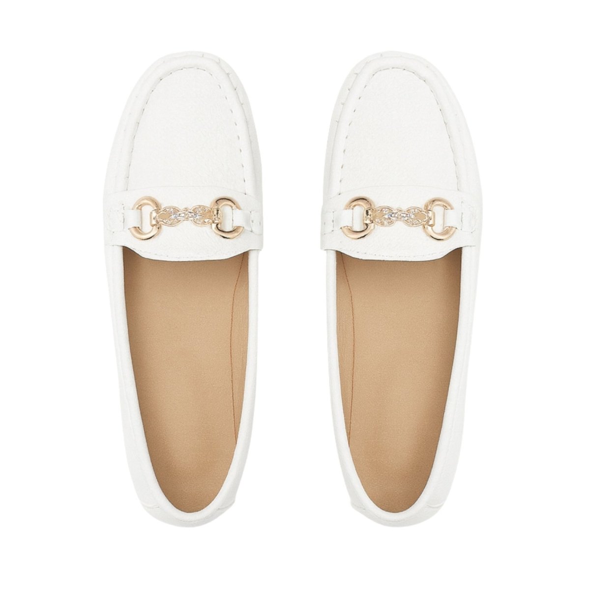 Top-down view of Kouvr Mildred women's white pebbled leather loafers with a gold jeweled horsebit buckle.