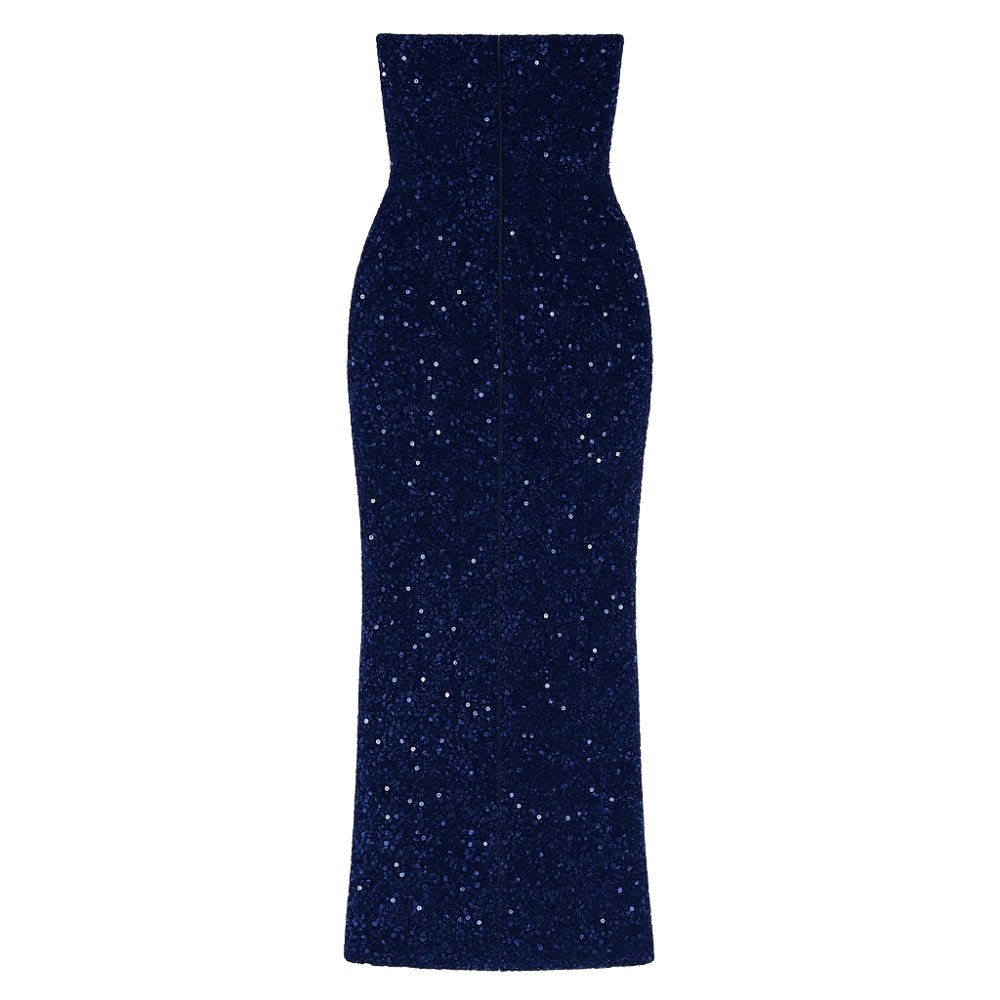 Navy  Kouvr strapless dress with glittery texture on a white background