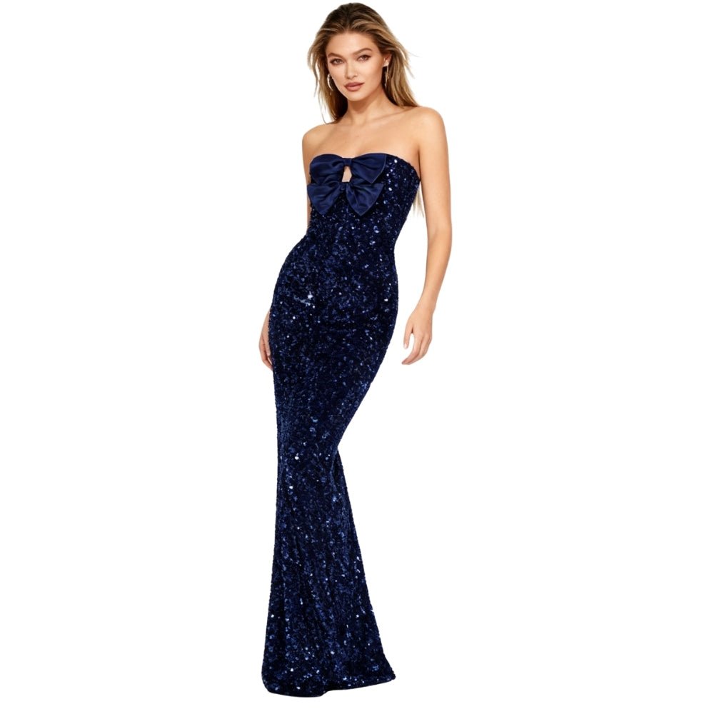 Navy Kouvr strapless gown with sequin detailing on a white background