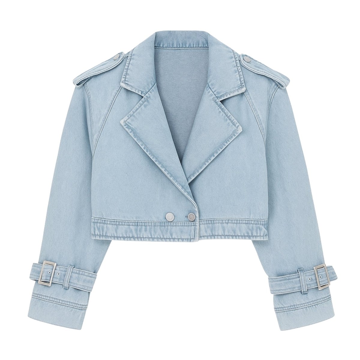 Front view of the Kouvr Fashion Nerida cropped light wash denim biker jacket with an asymmetrical zip, belted waist, and buckle cuffs.