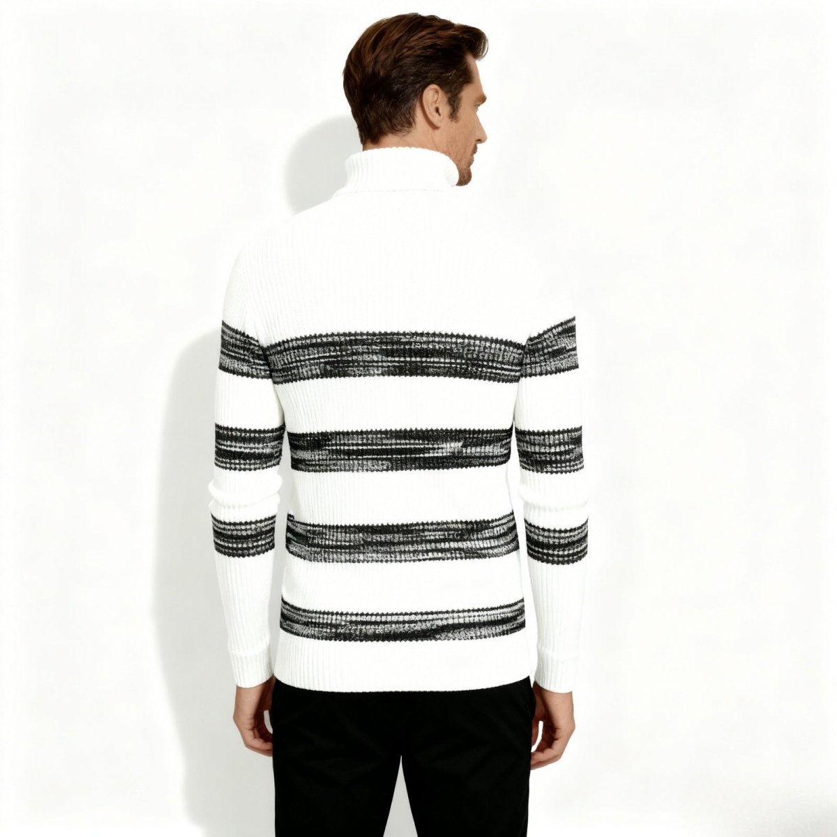 Back view of the men's Nerthus turtleneck sweater by Kouvr Fashion, showing the continuation of the black and white stripe pattern.
