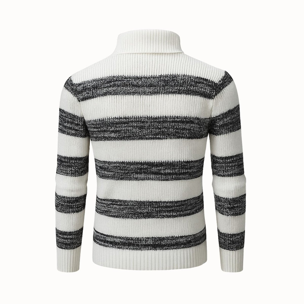 Studio product shot of the Kouvr Fashion men's white and black striped turtleneck sweater on a white background.