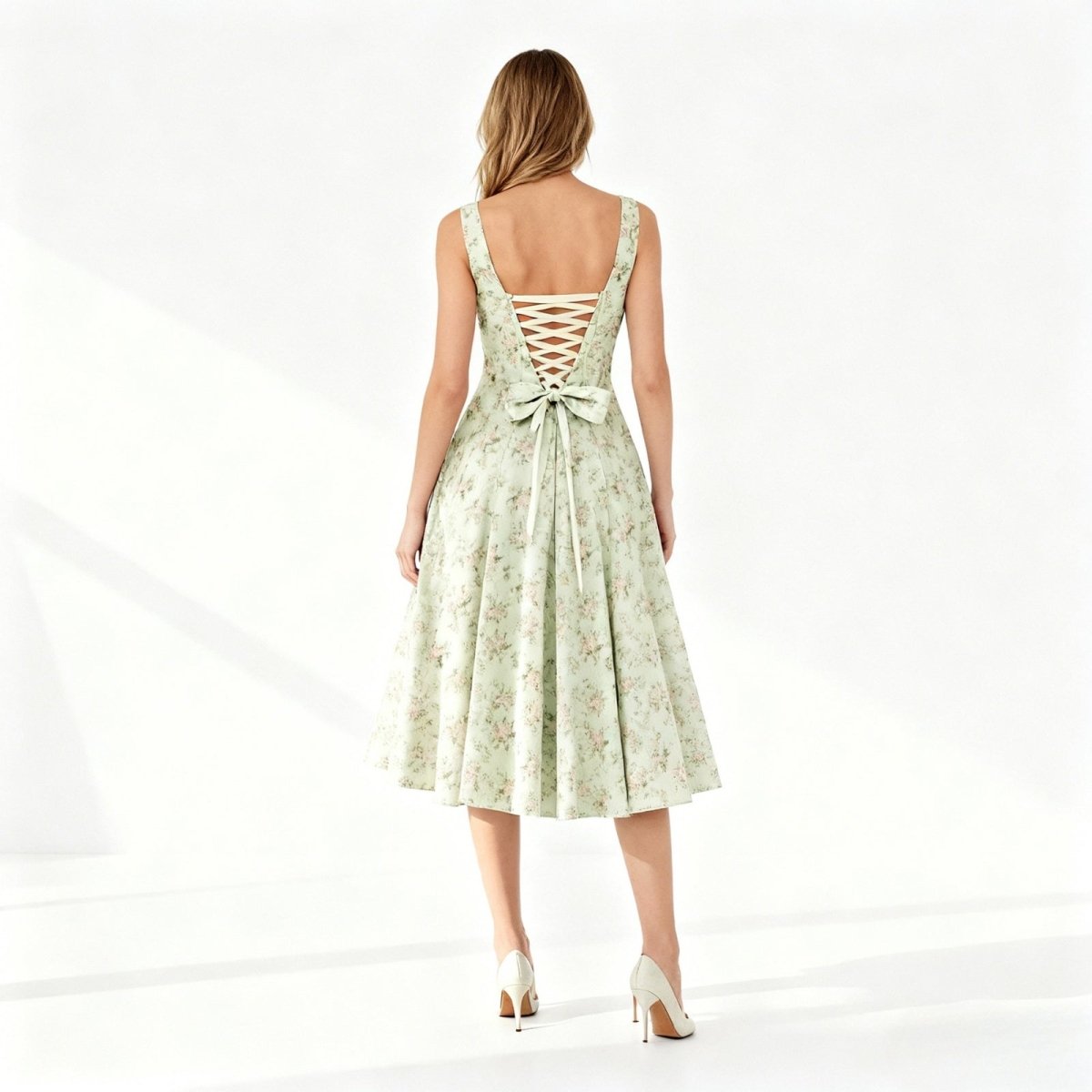 Woman wearing a floral dress with a back cutout design on a white background