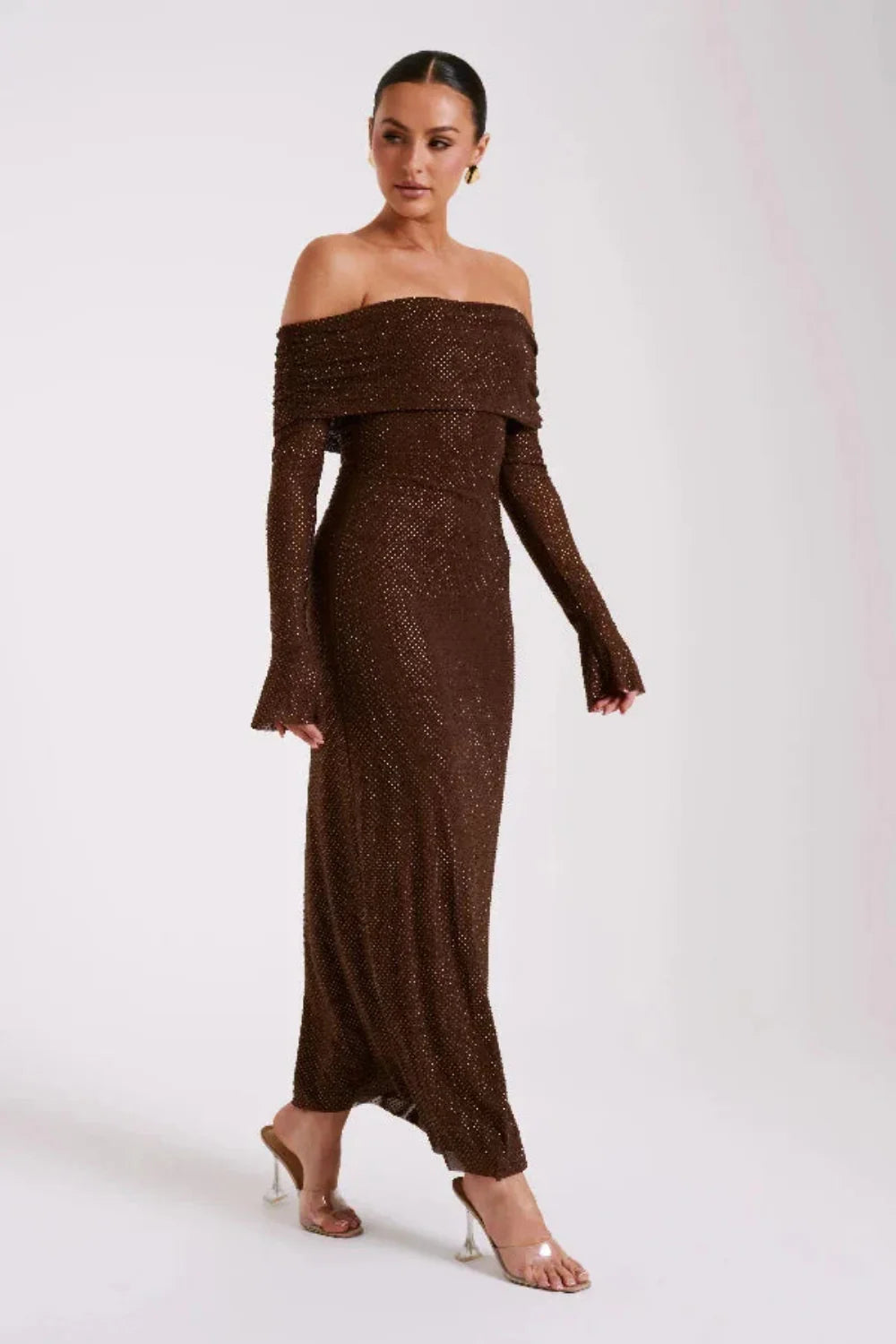 Model wearing Kouvr Fashion long sleeve off-the-shoulder brown sequin formal gown