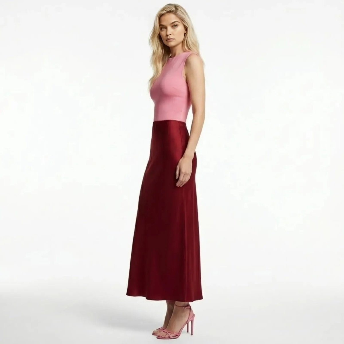 Side profile view of a woman wearing a long, wine-red satin slip skirt showing its elegant drape and ankle length.