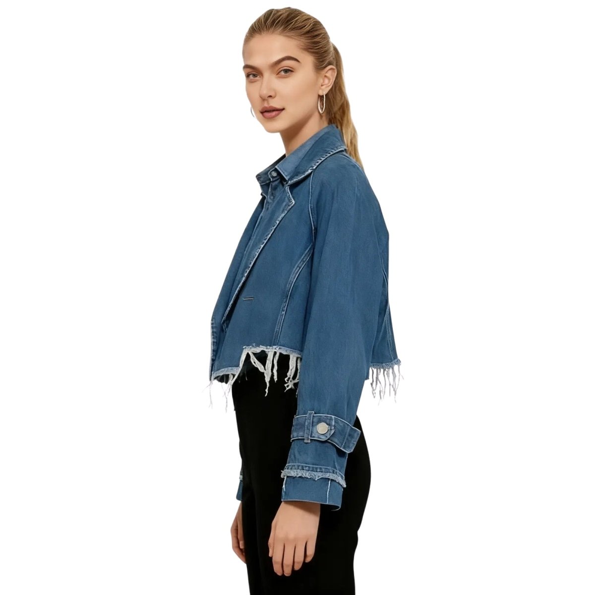 Woman wearing the oversized cropped trench denim jacket with black pants and a white  kouvr tank top.