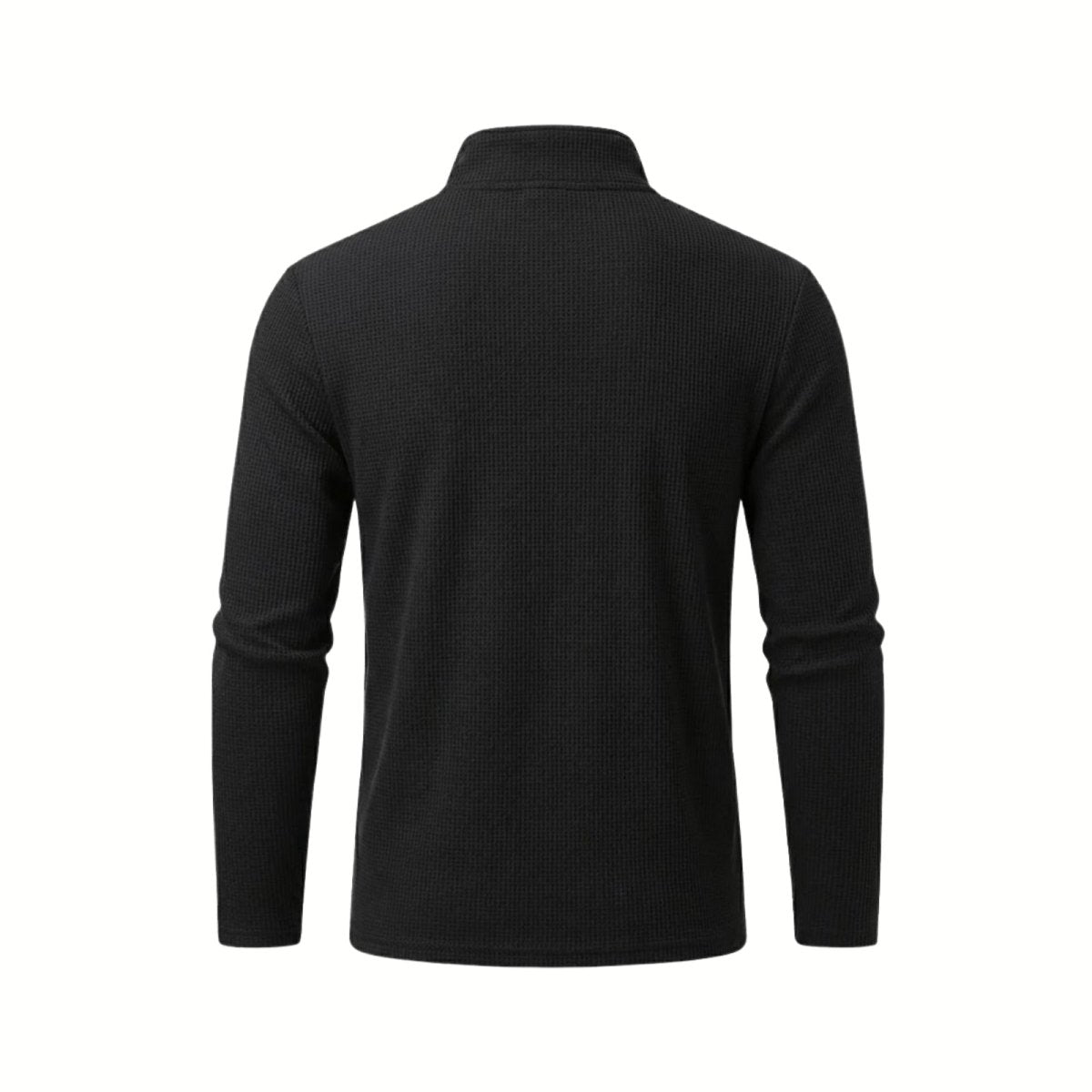 Product shot of the back of the Kouvr Fashion Men's Black Long Sleeve Quarter-Zip Pullover on a white background.
