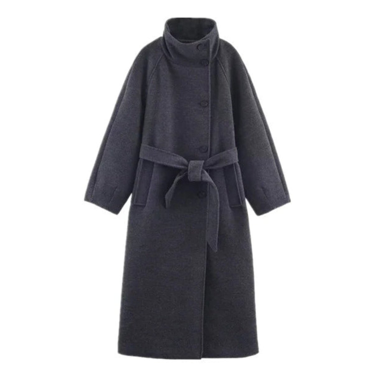 Flat lay of the Kouvr Fashion gray funnel neck wool coat with belt tied, showing button details and texture of the wool.