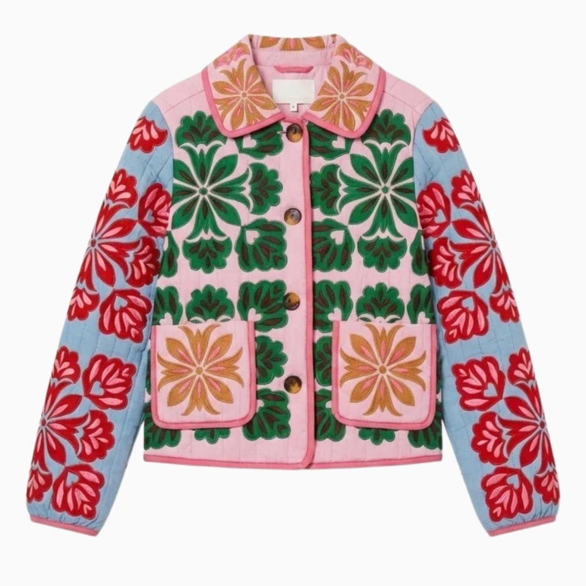 Flat lay of a pink and green quilted jacket showcasing the full floral embroidery design, collar, buttons, and patch pockets on a white background.