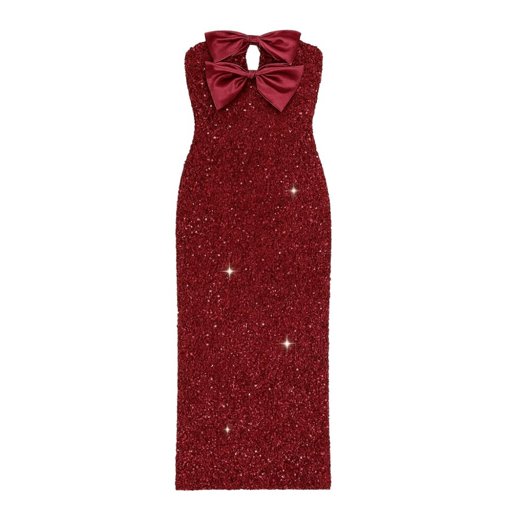 Red Kouvr glitter dress with a large bow on a white background