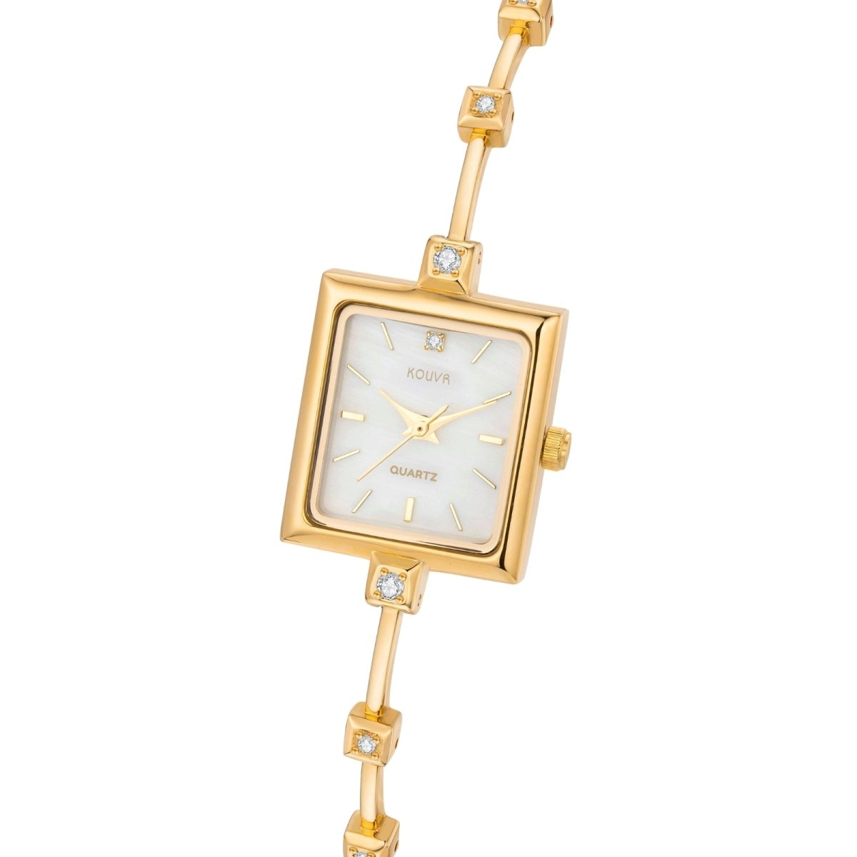 Gold kouvr watch with a square face on a white background