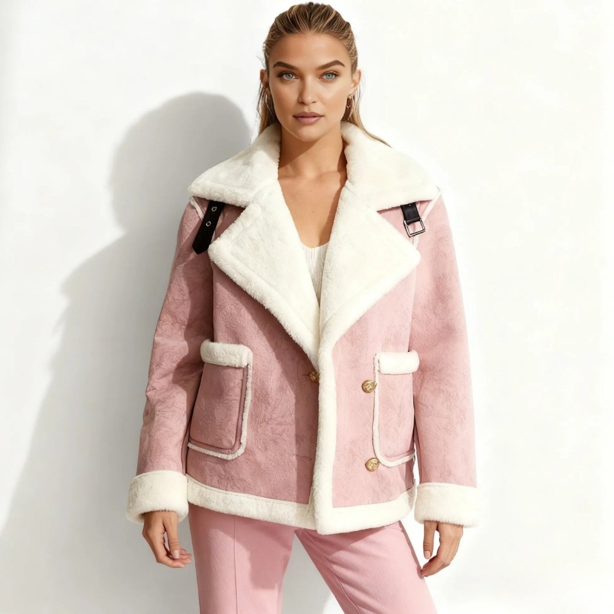 Model wearing the Kouvr Fashion blush pink esmeralda aviator jacket with a white sherpa collar and gold button details.
