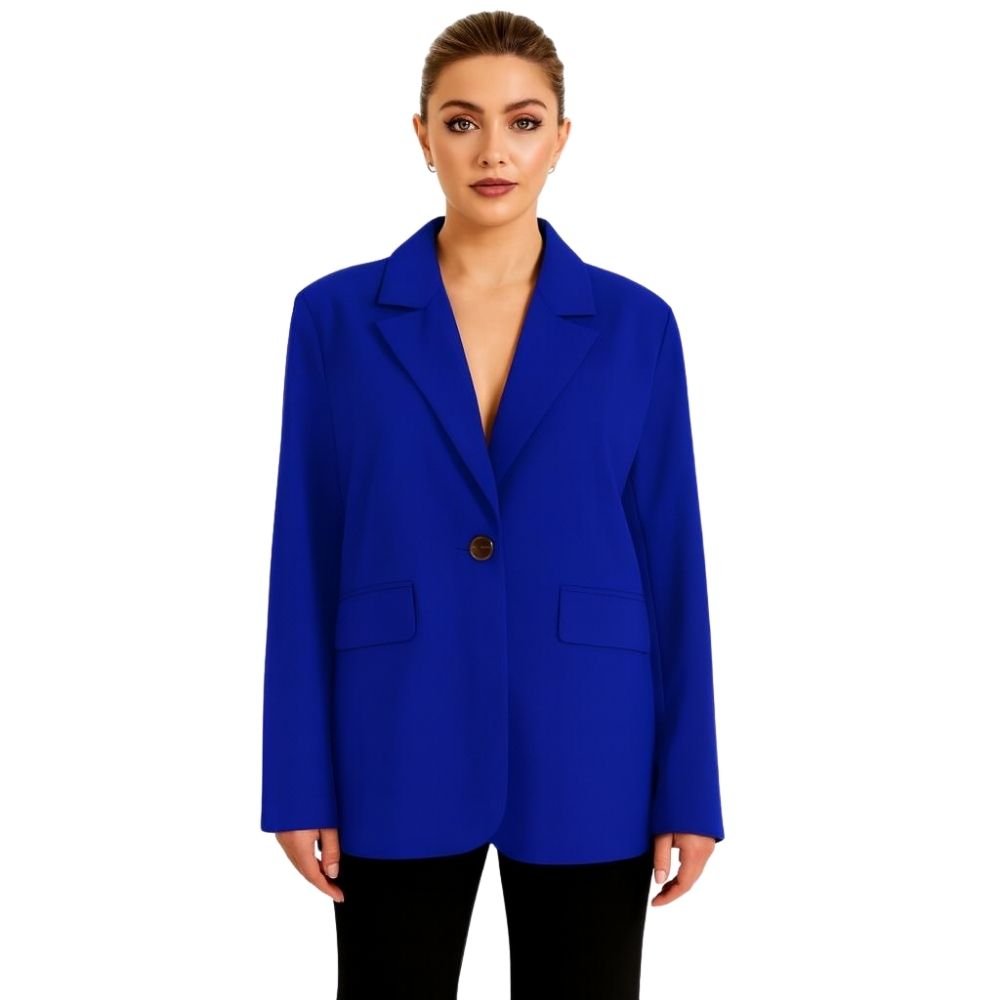 Longline blazer, single-breasted jacket, boyfriend fit blazer, office blazer, business casual outerwear, electric blue jacket, blazer with gold buttons, luxury women's suiting.