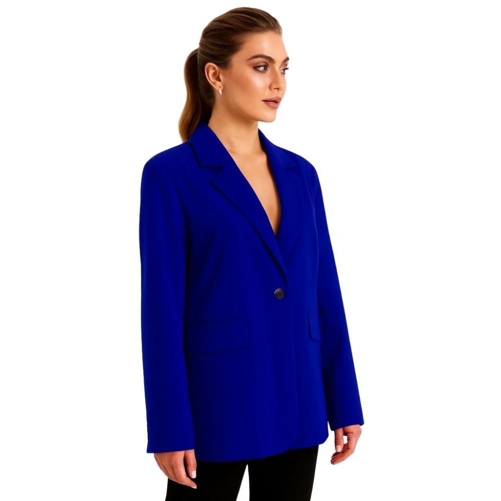 Longline blazer, single-breasted jacket, boyfriend fit blazer, office blazer, business casual outerwear, electric blue jacket, blazer with gold buttons, luxury women's suiting.