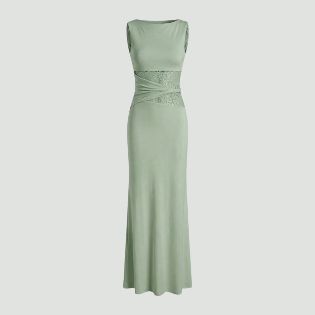 Product-only image of the Kouvr Fashion sage green lace insert maxi dress on a light background, front view.
