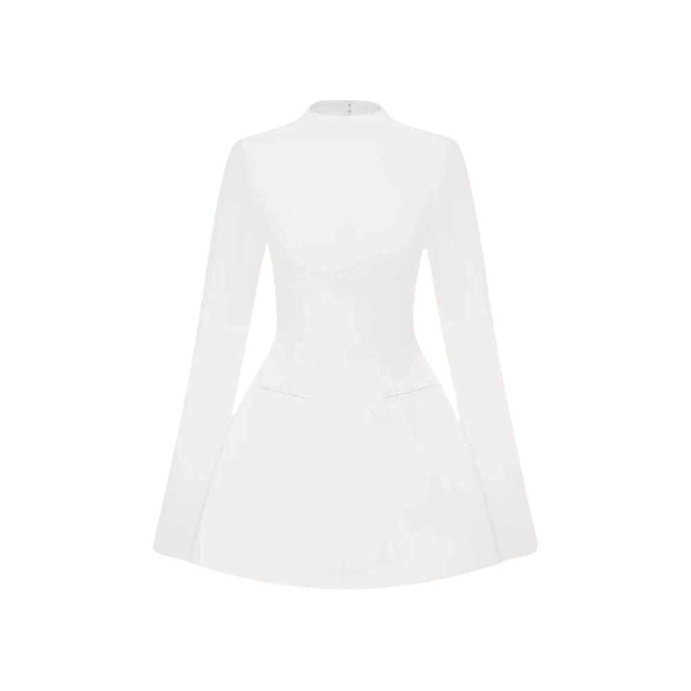 Ghost mannequin image of the Kouvr Fashion white open back mini dress, displaying its structured A-line shape and flared bell sleeves.