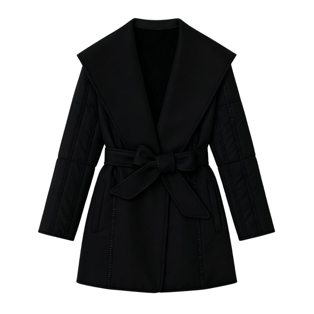 Woman wearing the Kouvr Fashion Sheila Wrap Coat in black, tied at the waist, shown from the front zoom