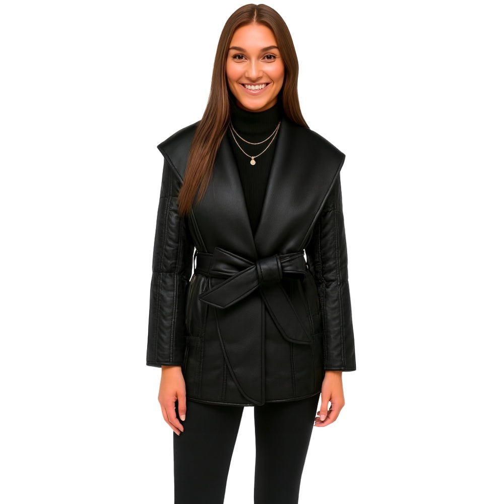Woman wearing the Kouvr Fashion Sheila Wrap Coat in black, tied at the waist, shown from the front