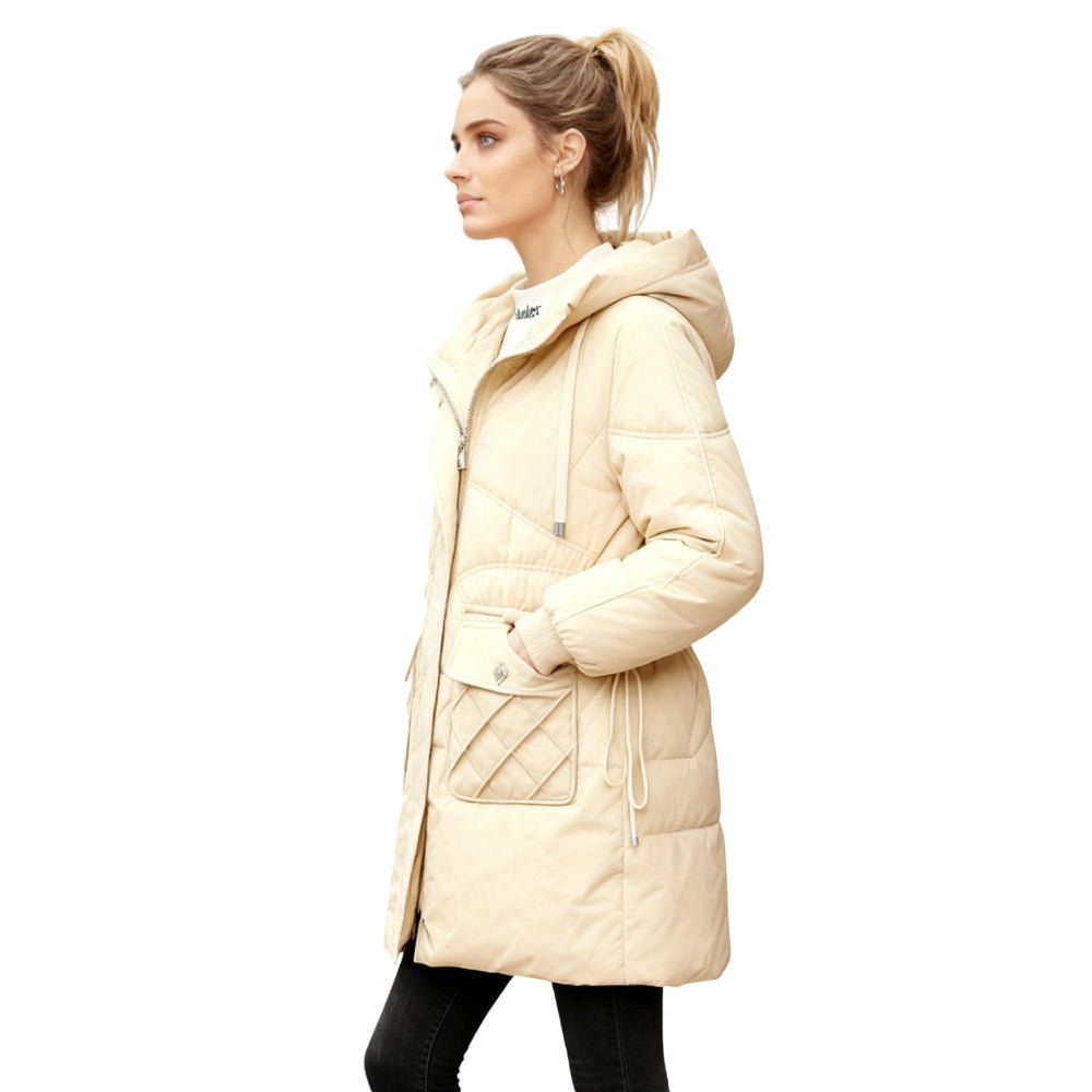 thermal," "down-filled," "all-weather," "wind-resistant," "cocoon coat," and "quilted jacket