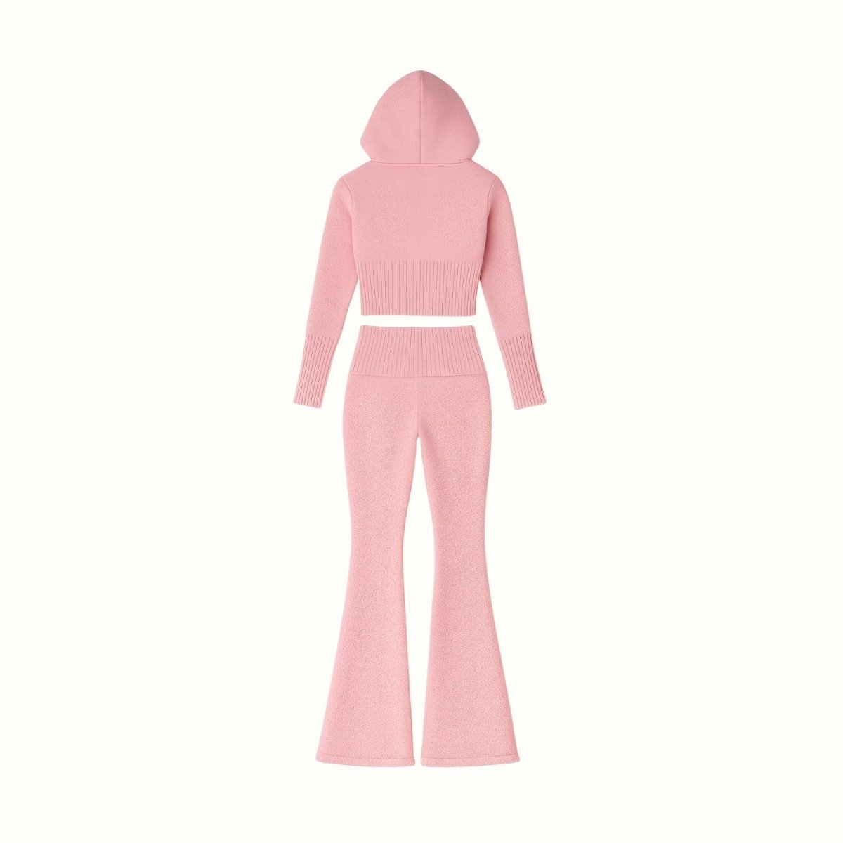 Product flatlay showing the back of the Kouvr Fashion pink knit hoodie and flared pants set.