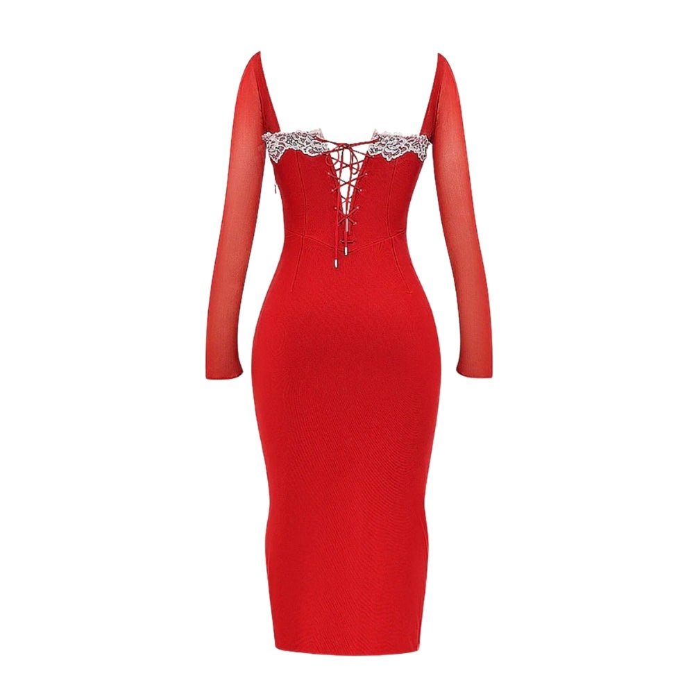 Red Kouvr dress with long sleeves and lace-up front on a white background