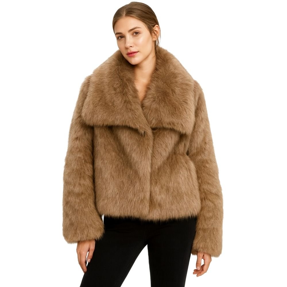 cruelty-free outerwear," "plush texture," "statement coat," "fall/winter essential," and "investment piece