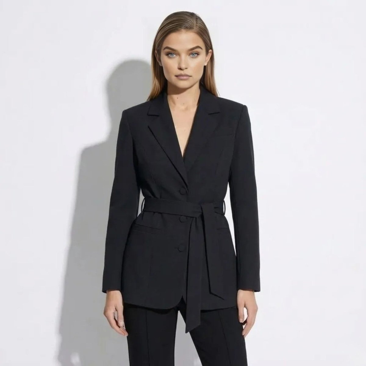 Model wearing the Kouvr Fashion Gemma black belted blazer, showing the front double breasted design and tie waist.