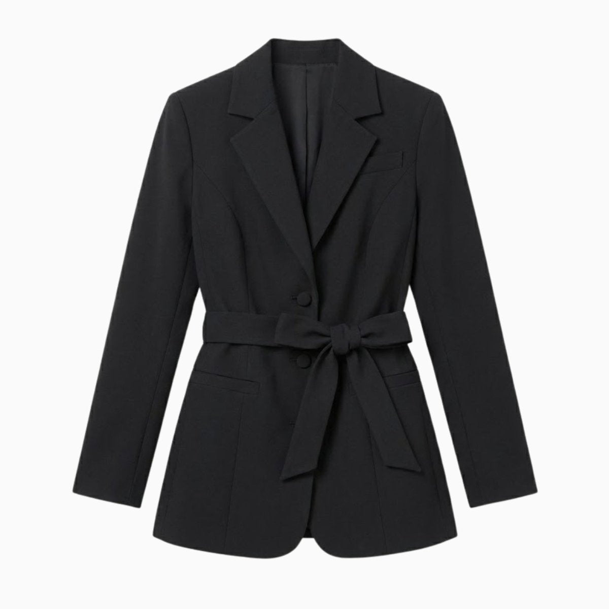 Flat lay of the Kouvr Fashion black double breasted blazer with the belt tied in a bow to showcase product details.