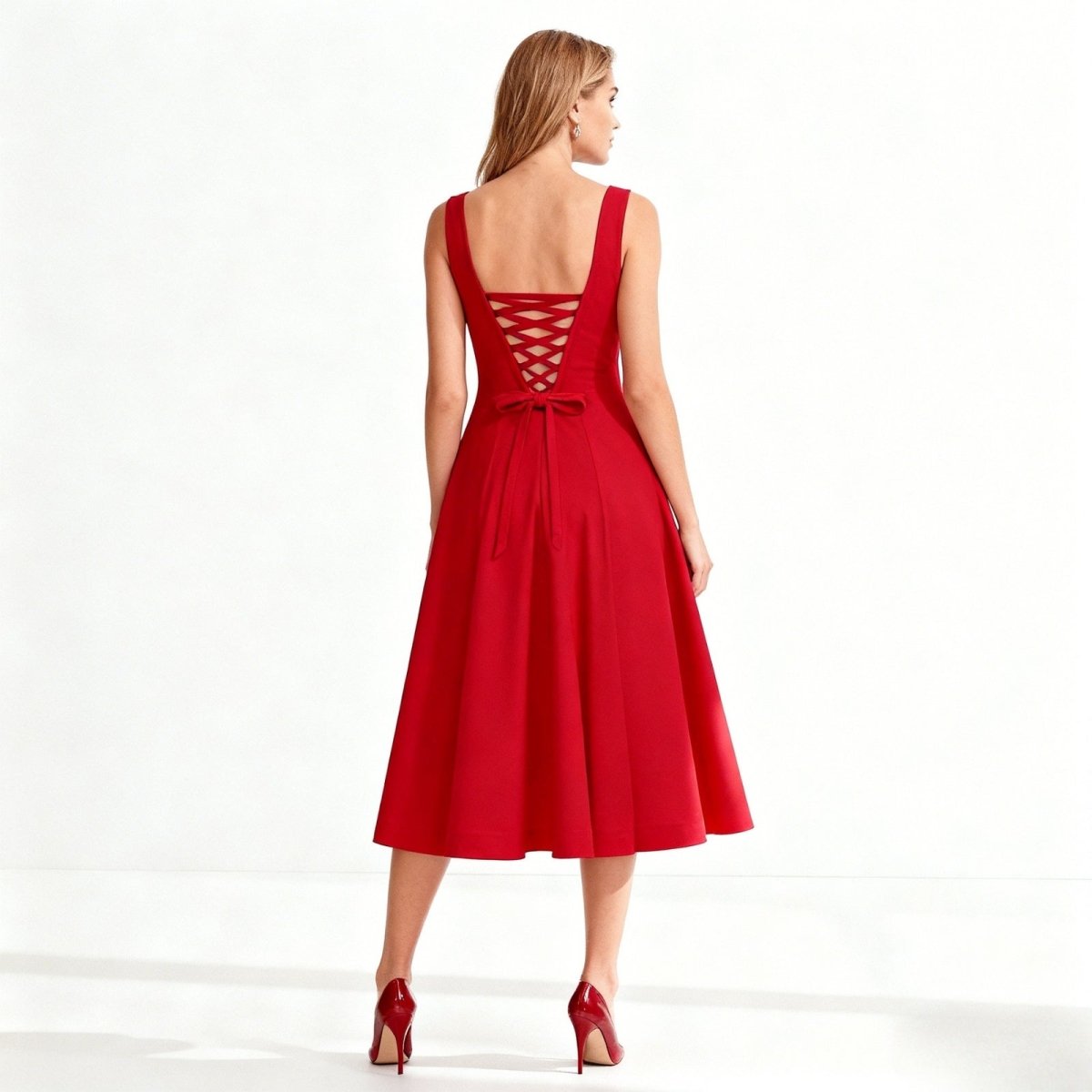 Red dress with a lace-up back on a white background