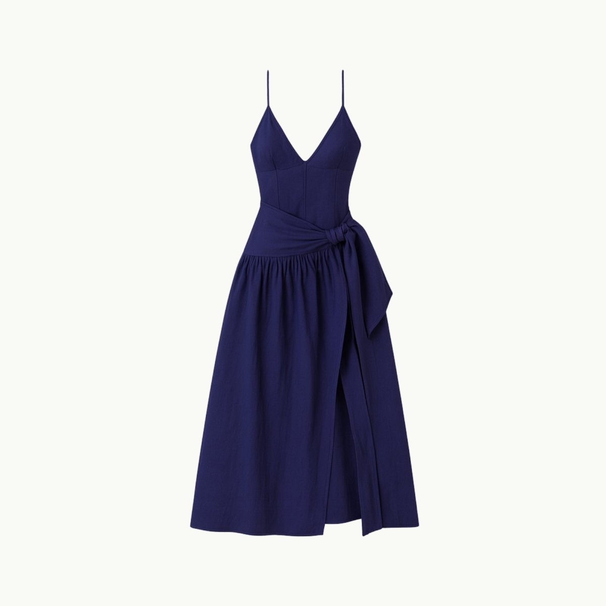 Navy blue kouvr dress with a tie waist on a white background