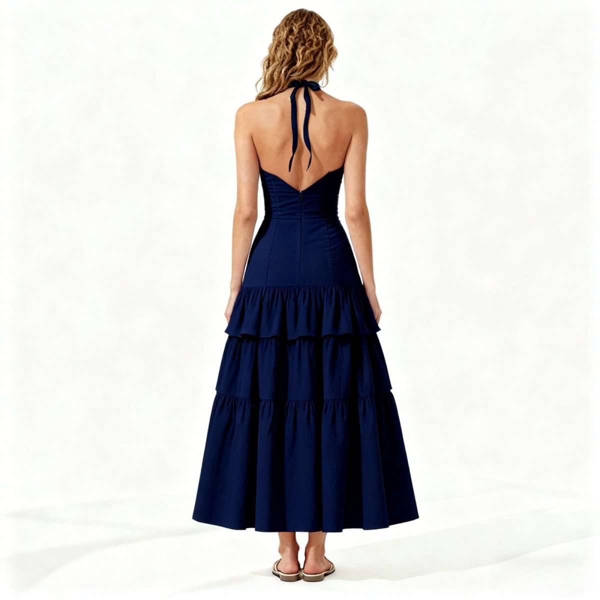 Woman wearing a navy blue dress with ruffled layers on a white background
