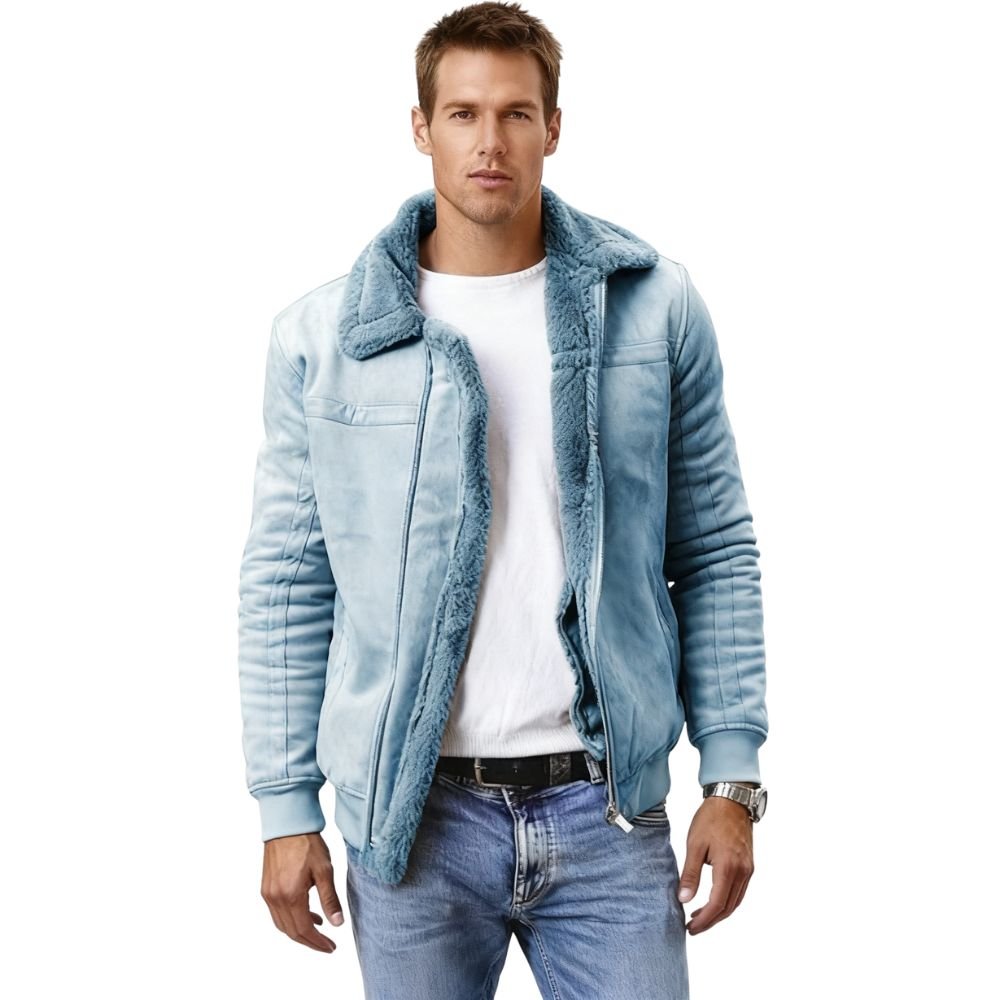 Model wearing the Kouvr Fashion men's sky blue shearling-lined aviator jacket