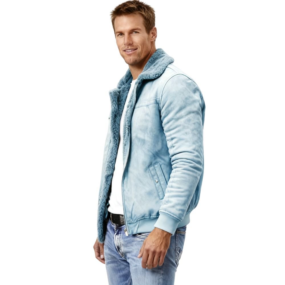 Model wearing the Kouvr Fashion men's sky blue shearling-lined aviator jacket