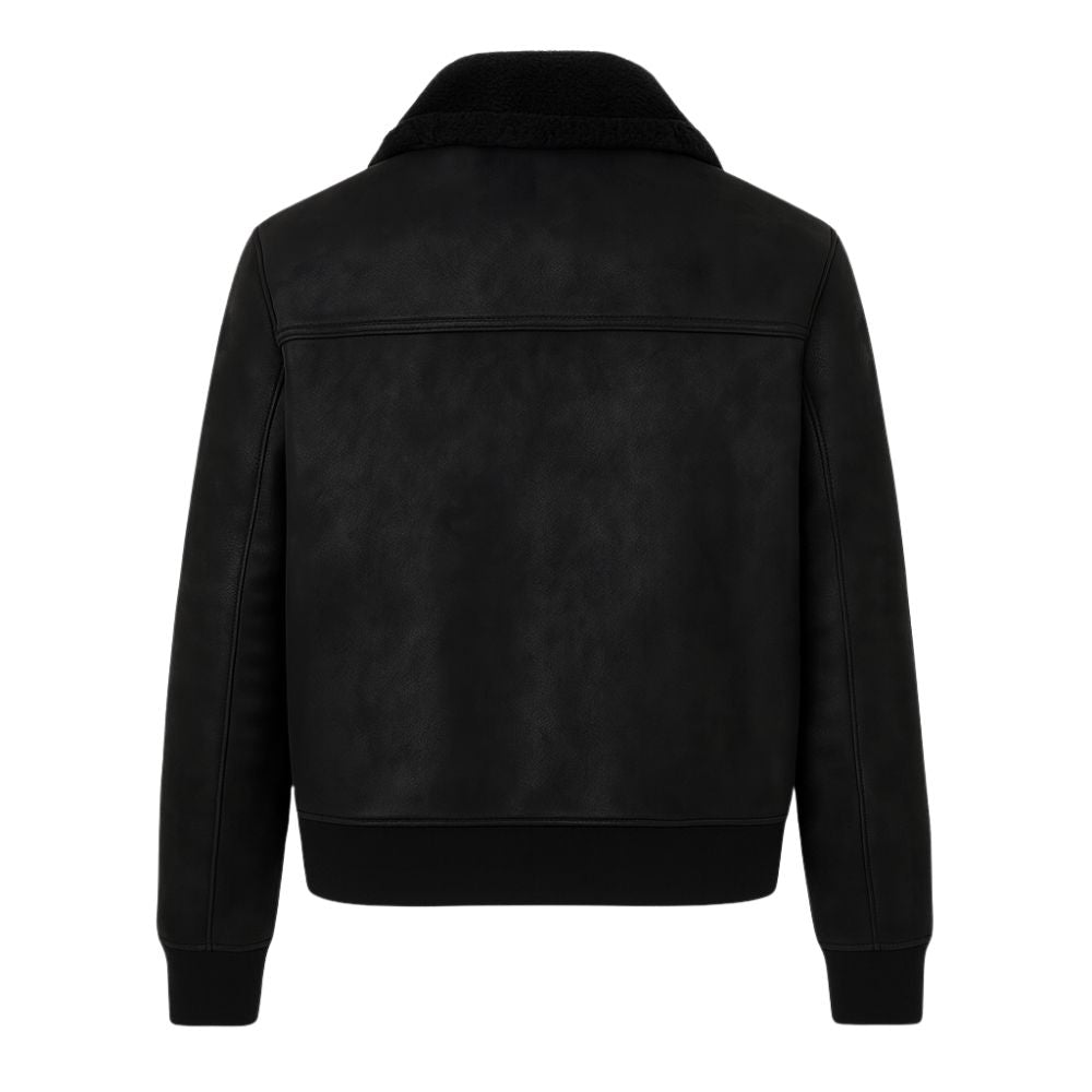 Black kouvr leather jacket on a white background