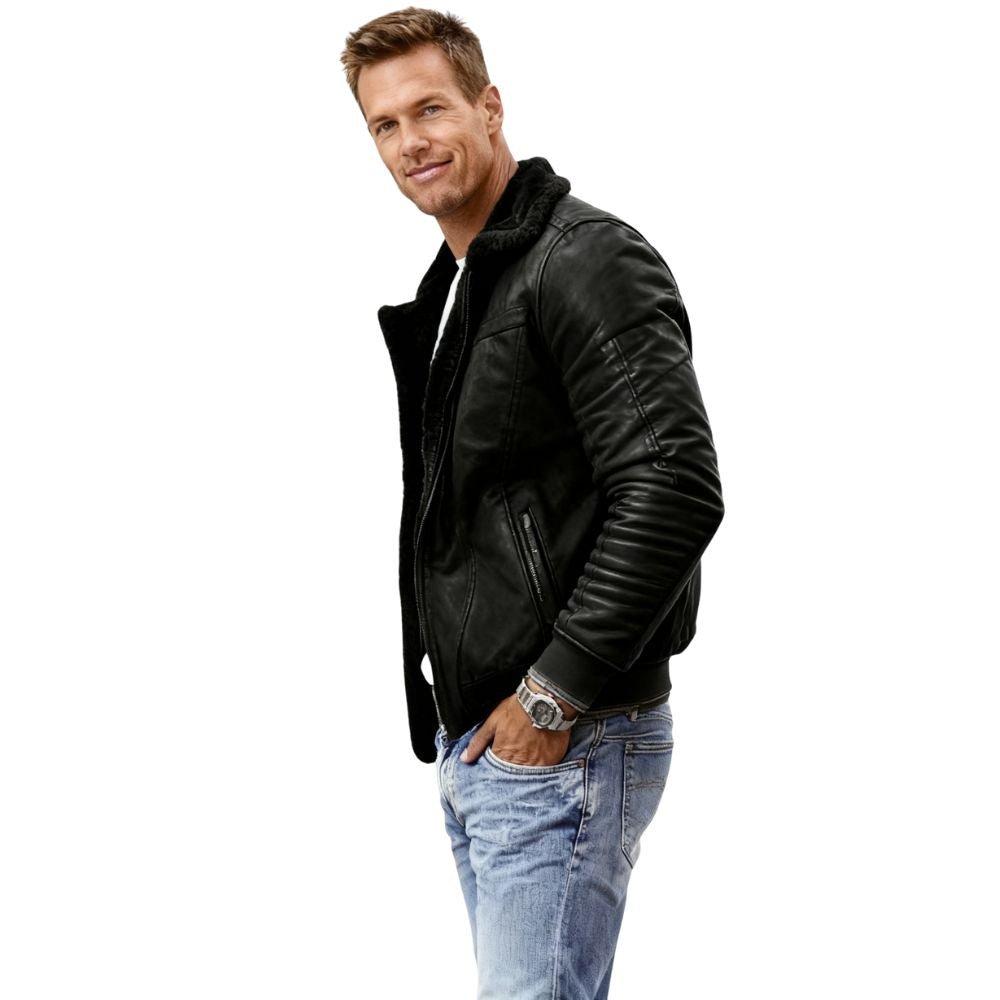 Men's Black Leather Shearling Biker Jacket by Kouvr Fashion worn on city street