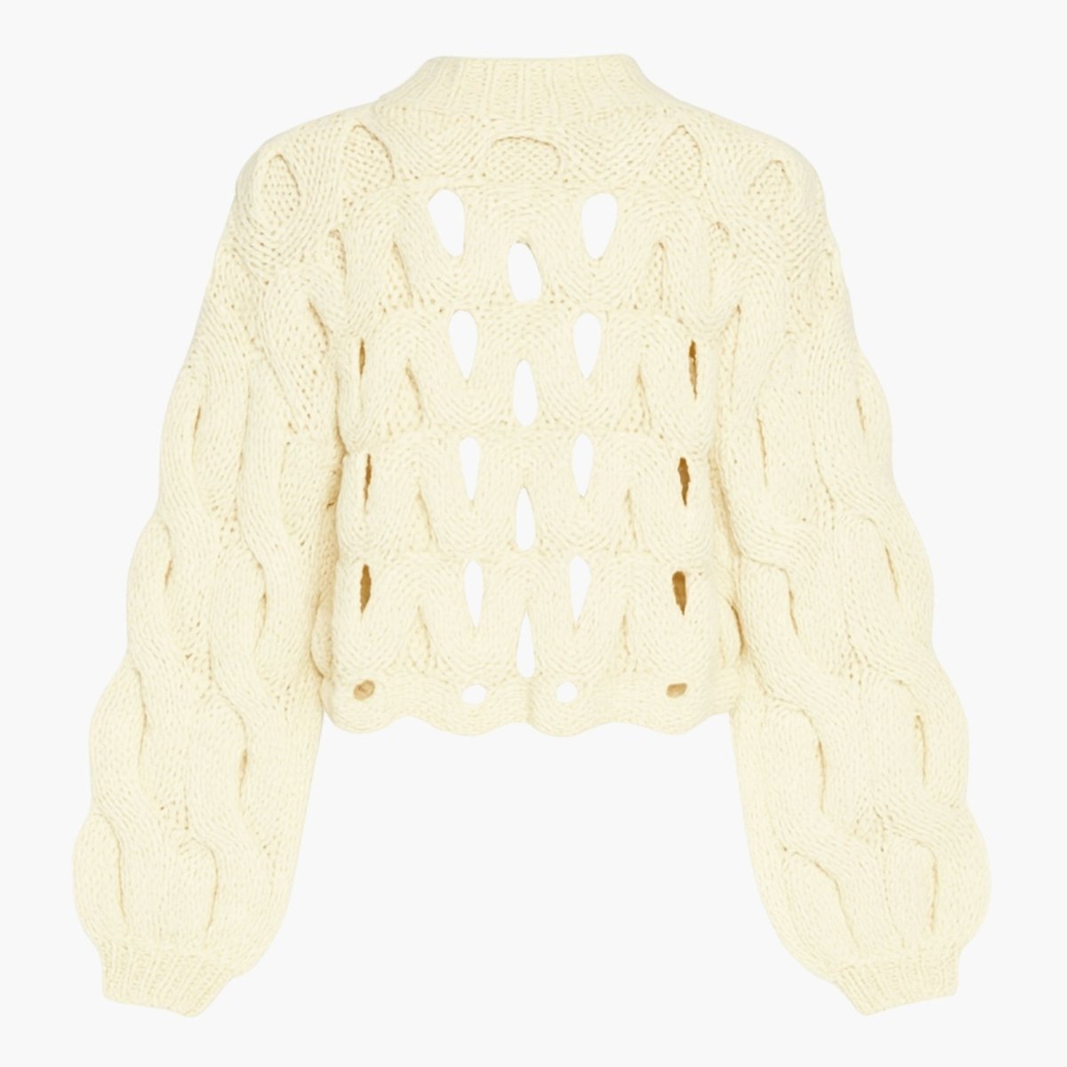 Back view flat lay of the ivory Vanice open-knit sweater, detailing the ribbed mock neck and scalloped hem.