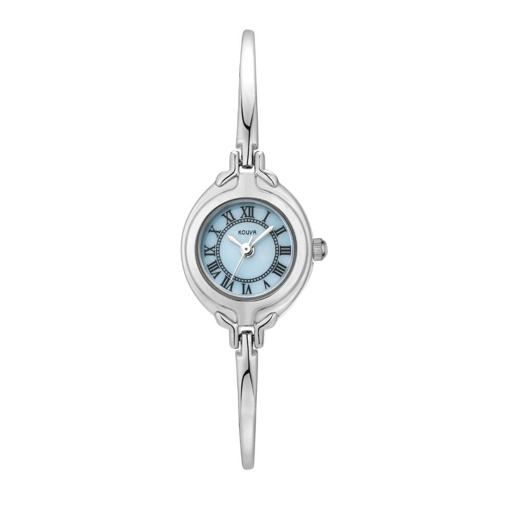 Silver kouvr watch with a light blue face on a white background