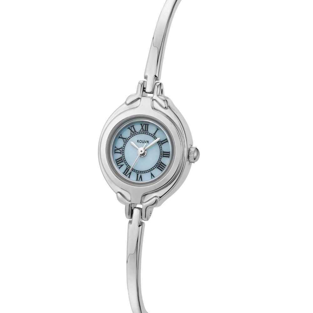 Silver kouvr watch with a light blue face on a white background