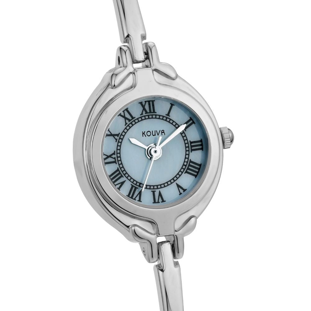 Silver kouvr watch with a light blue face and Roman numerals on a white background