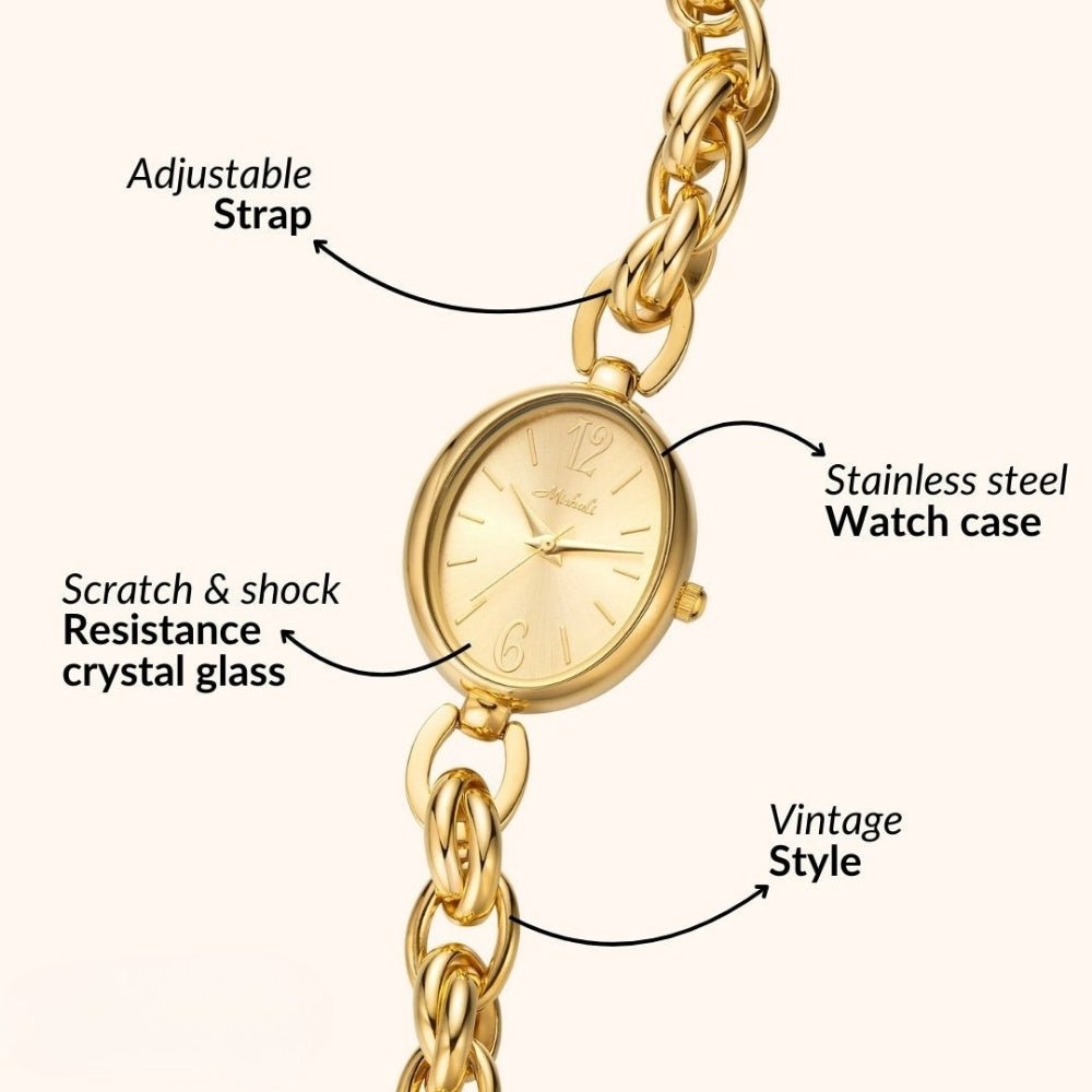 Gold Kouvr watch with chain strap labeled for features on a white background