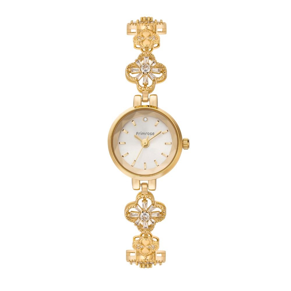 Gold Kouvr watch with decorative band on a white background