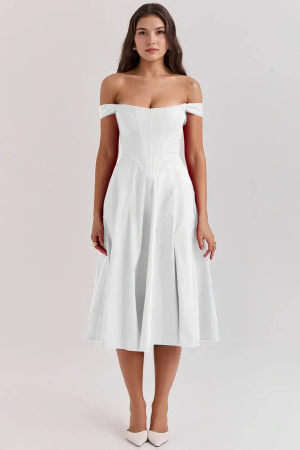 off the shoulder structured dress", "sweetheart neckline dress", "fit and flare white dress", "A-line special occasion dress", "rehearsal dinner outfit", "civil ceremony dress", "luxury white party dress